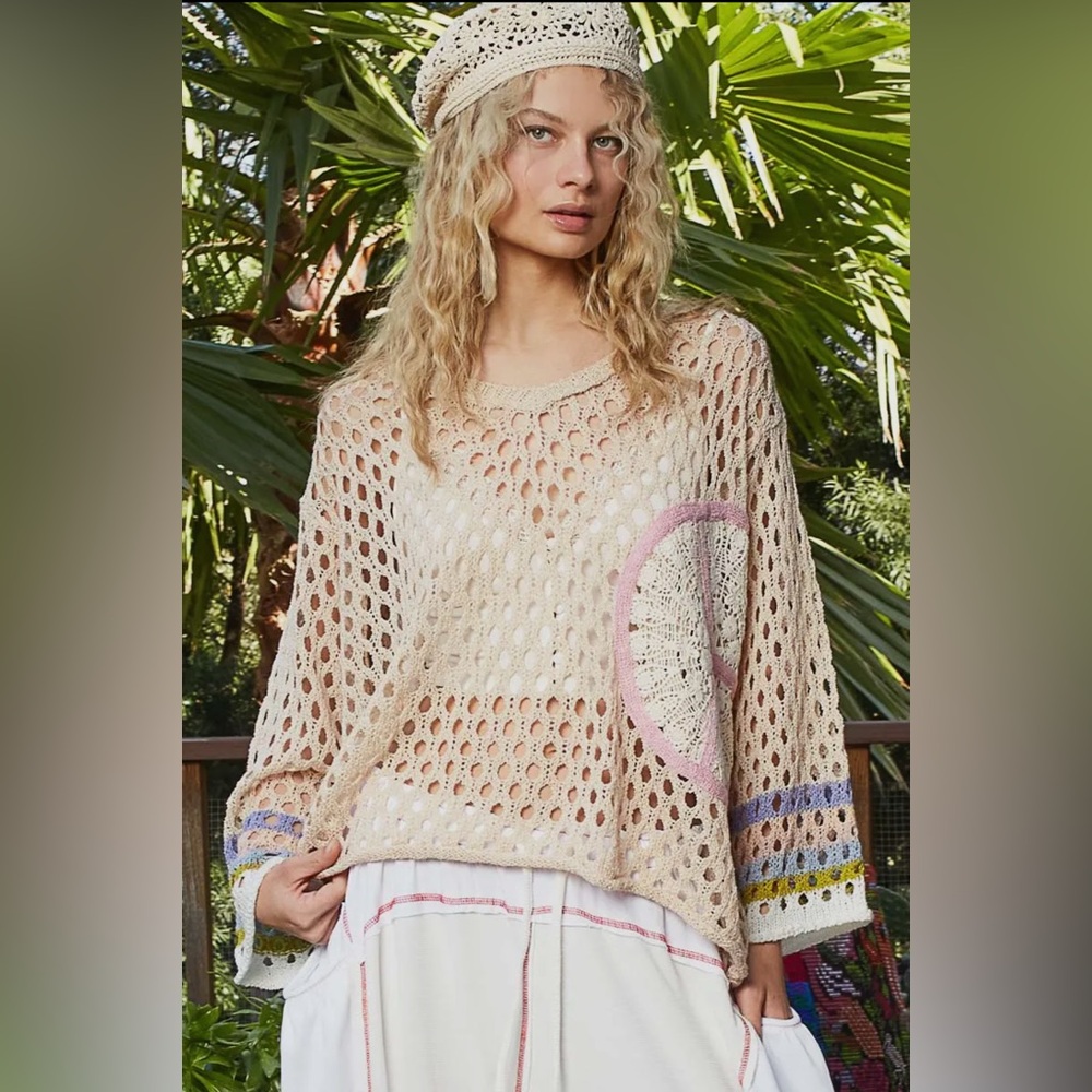 POL Open-Knit V-Neck Sweater in Beige with Pink and Blue Accents - Picture 5 of 11